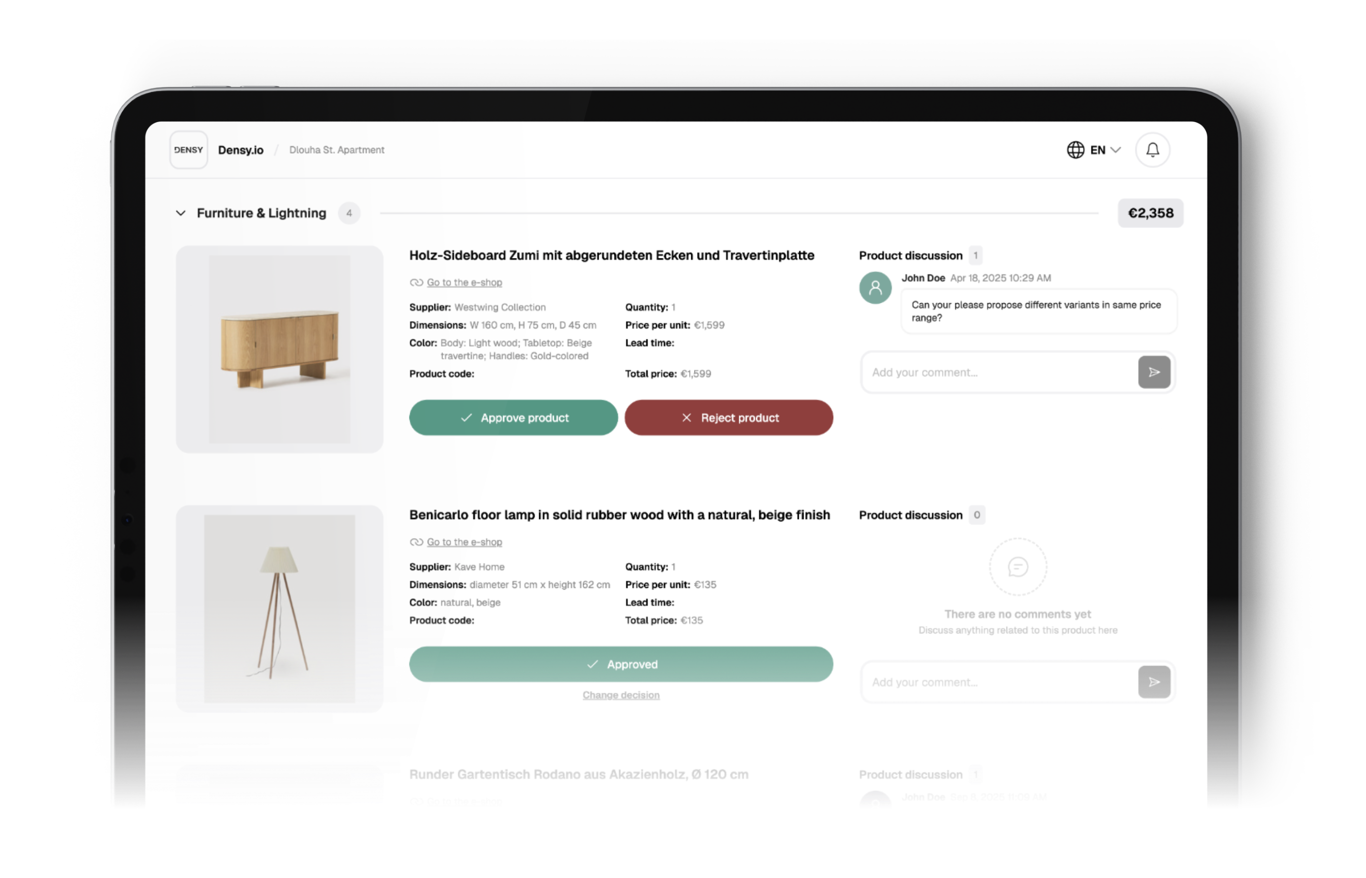 Client dashboard in Densy